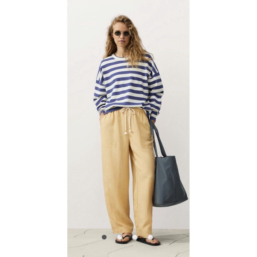 OYSHO Casual Trousers L Light Yellow Linen and Lyocell Blend Pockets Boho EUC.